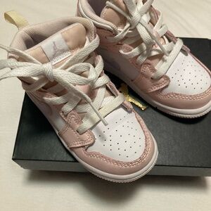 Kids Pink and White Air Jordan 1MD High-Top Sneakers
